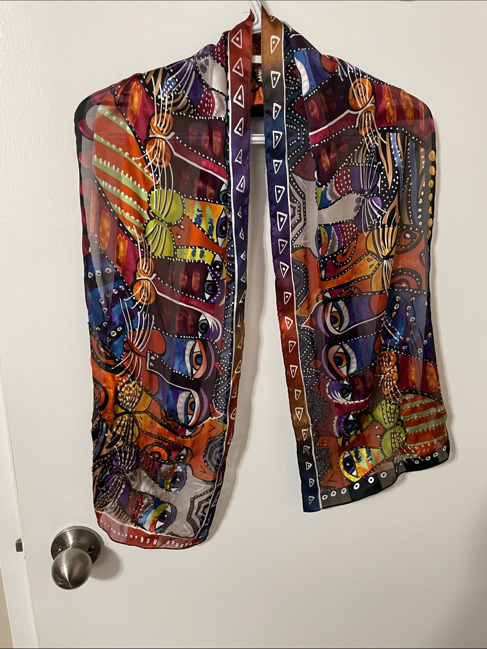 Laurel Burch Silk Multicolour Embellished Cat Inspired Scarf